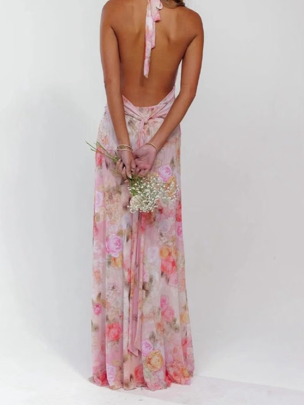 Floral Backless Halter Maxi Dress - Pink